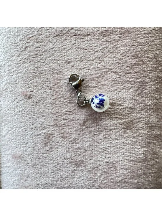 White Glass Pearl Charm With Blue Floral Print & Stainless Steel Lobster Clasp - Picture 9 of 10